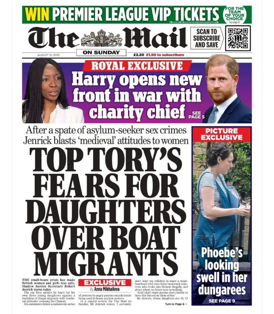 The Mail. 

TOP TORY'S FEARS FOR DAUGHTERS OVER BOAT MIGRANTS

(I’m not transcribing the article… he talks about importing ‘medieval attitudes’ into our communities) 