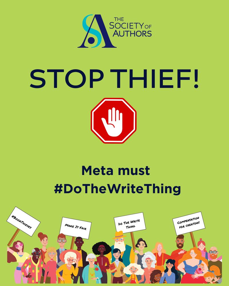 On a lime background, people protesting Meta's use of LibGen, a large database of pirated material, to train its AI models. Poster reads: "Stop Thief! Meta must #DoTheWriteThing