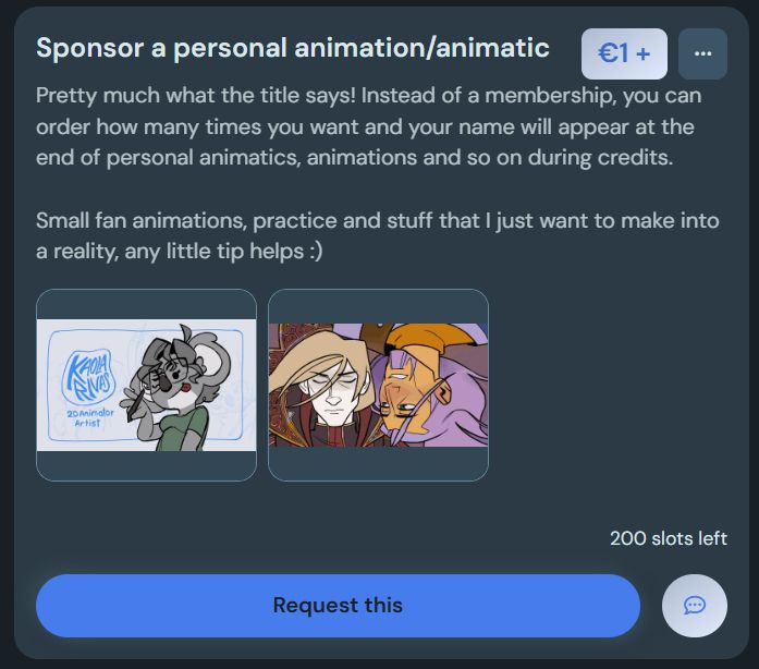 A commission listing from Kaola's Ko-fi that is titled "Sponsor a personal animation/animatic" 