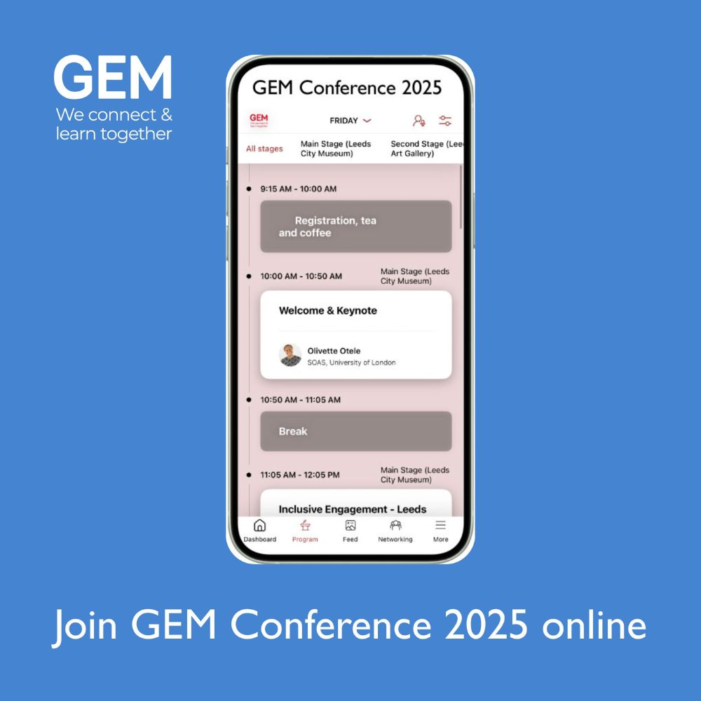 A graphic with the GEM logo in the top left corner. In the centre, a phone displays an example of the app, which shows the Conference schedeule. 