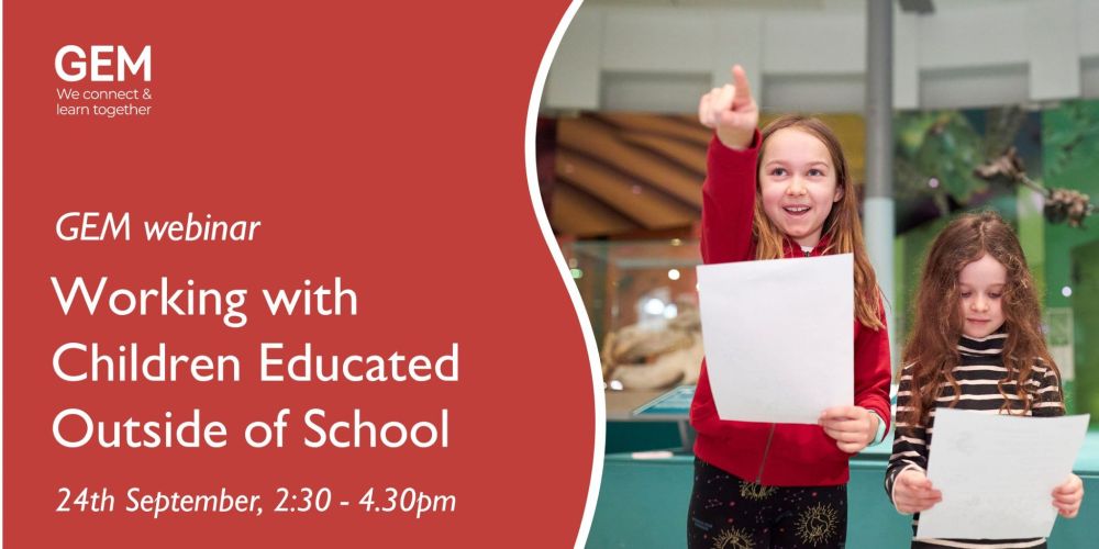 A graphic where the left shows a red background with the GEM logo and title of the webinar and the right shows an image of two children holding pieces of paper in a museum setting. One points just beyond the camera.