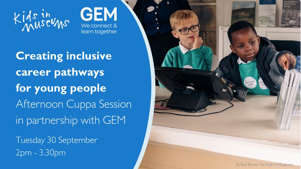 On the left, a blue background with the KIM and GEM logos and the title of the session. Onthe right, an image of two young school children in a museum space.