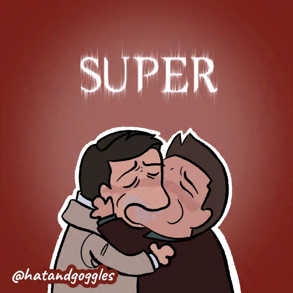 A shoddily drawn meme of Castiel (fair skin, dark, short hair, wearing a black suit, white shirt, blue tie and a beige rain coat) making out with Dean Winchester (fair skin, dark, short hair, wearing a dark green shirt and leather jacket) (Supernatural, 2005) on a red background, underneath a white “SUPER”, taken from the Supernatural logo.
