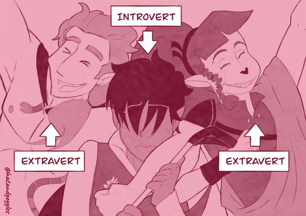 A chest-up monochrome illustration of 3 characters in pink and burgundy tones.
In the middle is the introverted and awkward half elf wizard Urika (light brown skintone, black, unkempt hair covering their eyes, a nice, white dress shirt with a nice, burgundy waistcoat on top), clutching onto their white cane (Urika is visually impaired) for security.
To the left is Styx the Stygian (Stonecold Hammer’s PC), a half elf fighter (fair skin, long, light hair worn in a ponytail, shirtless, but with a black cape and snake tattoos, built like a brick wall). Styx is slightly off-balance, leaning on Urika with a meaty arm hooked around their neck; the other arm is outstretched off screen. He is laughing and clearly having fun.
To the right is The Nameless One (Larty’s PC), a firbolg ranger (light pink skin, mid-tone pink hair; a big mass barely contained in a ponytail, wearing a mint green shirt and a light blue sash over it). She is posed similarly to Styx, but rather than having her arm around Urika’s neck, she has her own arm linked with theirs.
On screen are 3 labels with arrows; 2 of them labeling Styx and No-Name as extraverts, 1 labeling Urika as an introvert.
