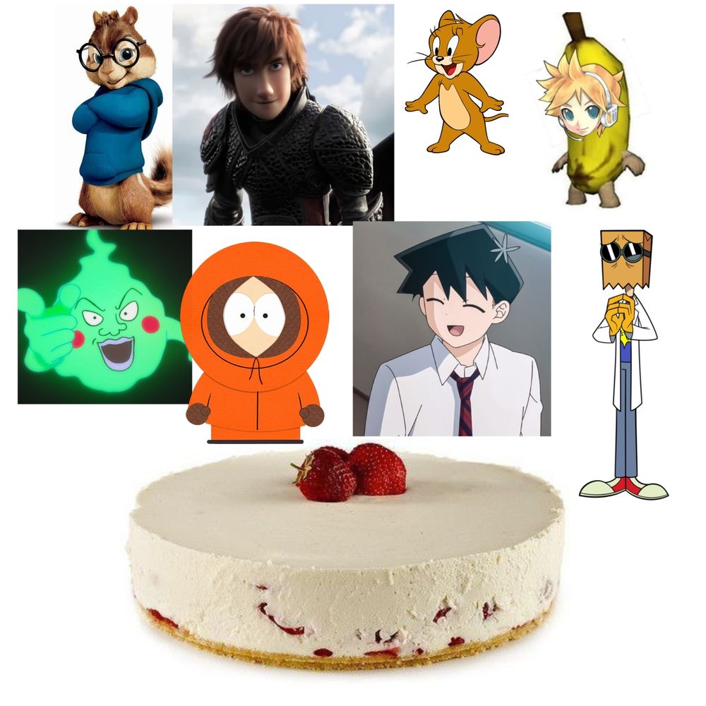 Simon from Alvin and chimpmunks, Hiccup from How to train a dragon, Jerry from Tom and Jerry, Kagamine Len, Dimple from Mob Psycho 100, Kenny from South Park, Tadano from Komi can't communicate and dr. Flug from Villainous on a cake
