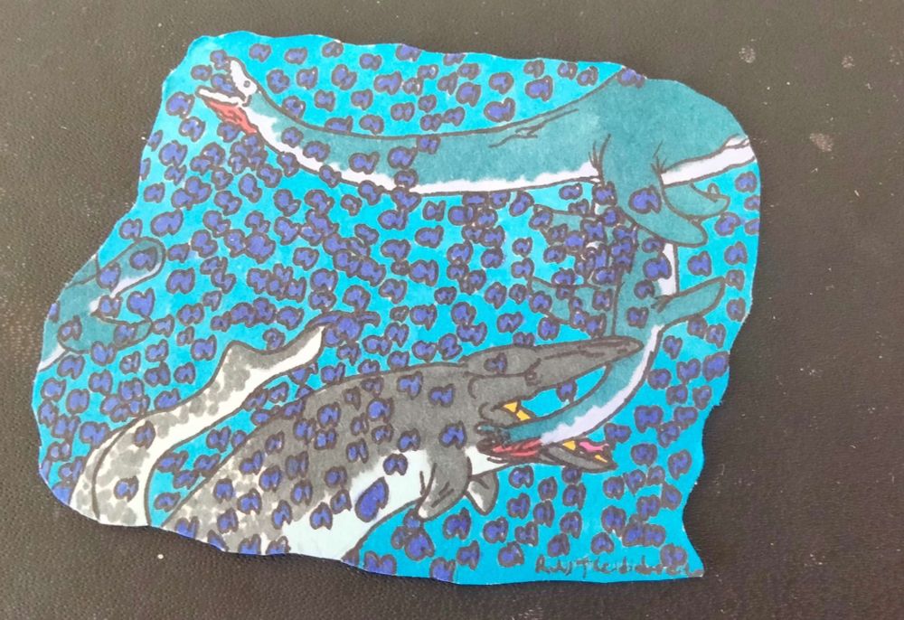 A shoal of fish chooses to form a bait ball to try to avoid the hungry jaws of plesiosaurs only to themselves be preyed upon by the apex predator of the cretaceous interior seaway, the gargantuan Mosasaurus!