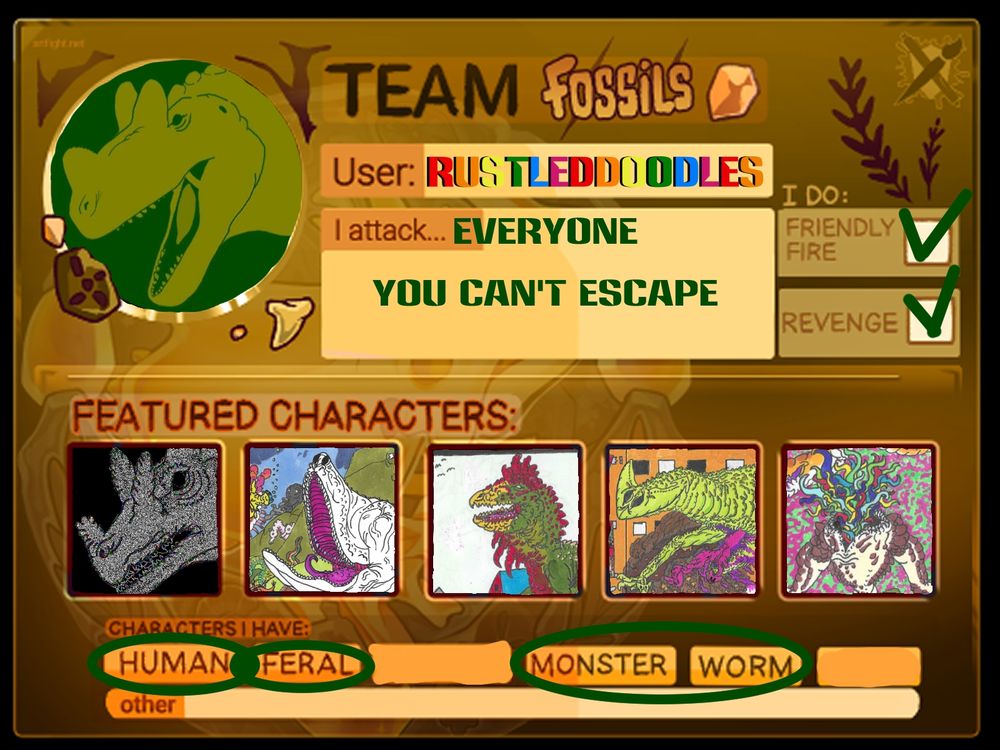 My Artfight Team Fossil's Page for 2025! 

A display of the Characters I possess and the types of characters I myself will "attack"!