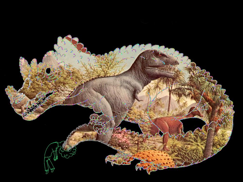 The first "flicker" replacing the static inside with Rudolph Zallingers “The Age of Reptiles” mural. 