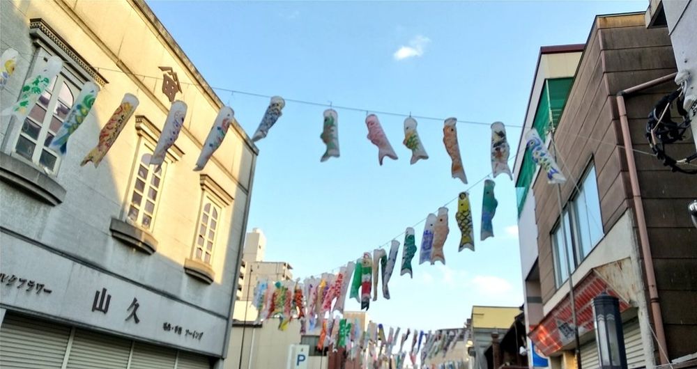 小江戸川越の街並みに飾られた、こどもの日特有の鯉のぼり。青空だったので、下から見上げると空に向かって泳いでいるようだった