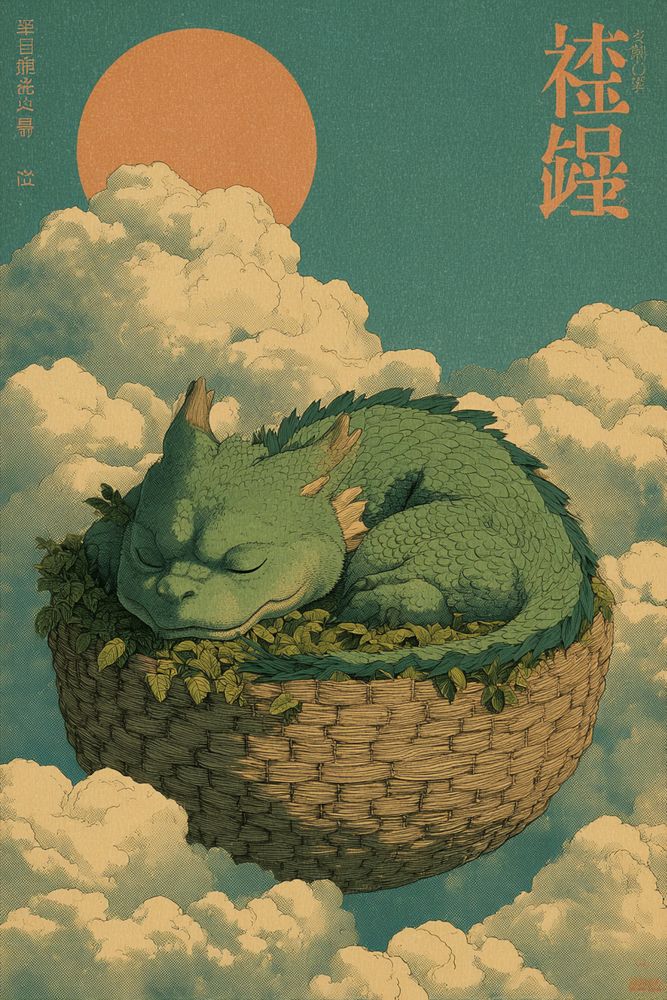 A sleepy dragon curled inside a comfortable clouds bed