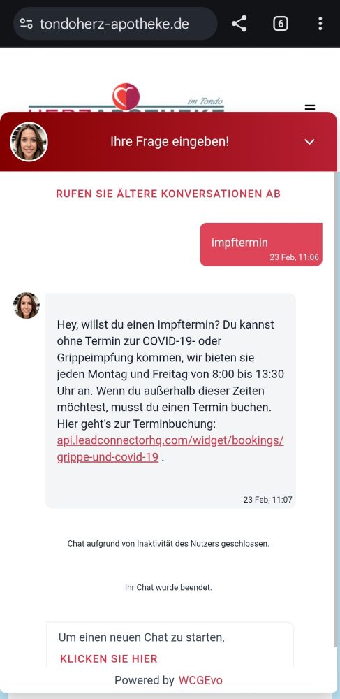 Screenshot mit folgendem Text: "Hey, für COVID-19- und Grippeimpfungen kannst du ohne Termin an Montagen und Freitagen zwischen 8:00 und 13:30 Uhr vorbeikommen. Wenn du einen Termin außerhalb dieser Zeiten möchtest, klicke hier, um deinen Termin zu buchen: api.leadconnectorhq.com/widget/bookings/grippe-und-covid-19 . Welchen Termin bevorzugst du?"