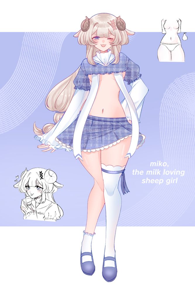 My new reference for my sheep mascot girl Miko. There is a small doodle in the bottom left of her sipping milk from a carton. The top right doodle is showcasing her pear shaped body. She has a blue and white color scheme. She is wearing a blue plaid top with a sailor collar that’s very revealing with only her front ribbons covering her boobs. Her skirt is a frilly, blue plaid skirt. She is also wearing blue Mary Janes paired with white ankle socks and knee socks with a blue ribbon on her right thigh.

Tag for the art gallery: #MilkouArt
