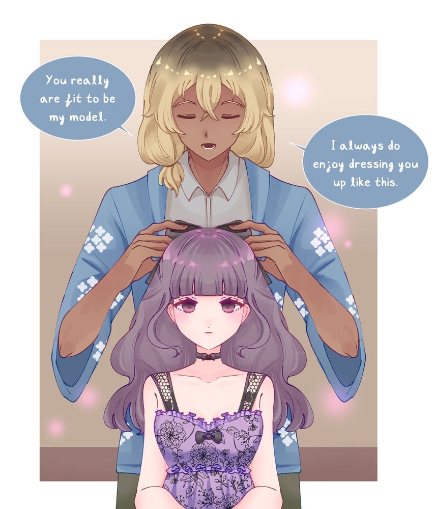 A dark skinned male is dressing up a hypnotized female. The male has dark skin and is earring a blue haori and gray button up underneath. He has dark gray pants. His hair has gradient being black on top and blonde at the bottom. He has hair pulled into a small side ponytail. He has his eyes closed as he is dressing the female up. He says “You really are fit to be my model. I always enjoy dressing you up like this.” The woman has long, black hair and empty purple eyes. Her face has subtle makeup and blush applied to it. She is wearing a purple, lacy corset with a small black bow in the middle and black lacy straps. She has a black choker with a tiny bow. She has a large black bow that is being affixed to her by the man. 
For context, the man is a fashion designer and the woman is his model. She often is too anxious when showcasing herself so she’s consensually hypnotized by the man to help make it easier.