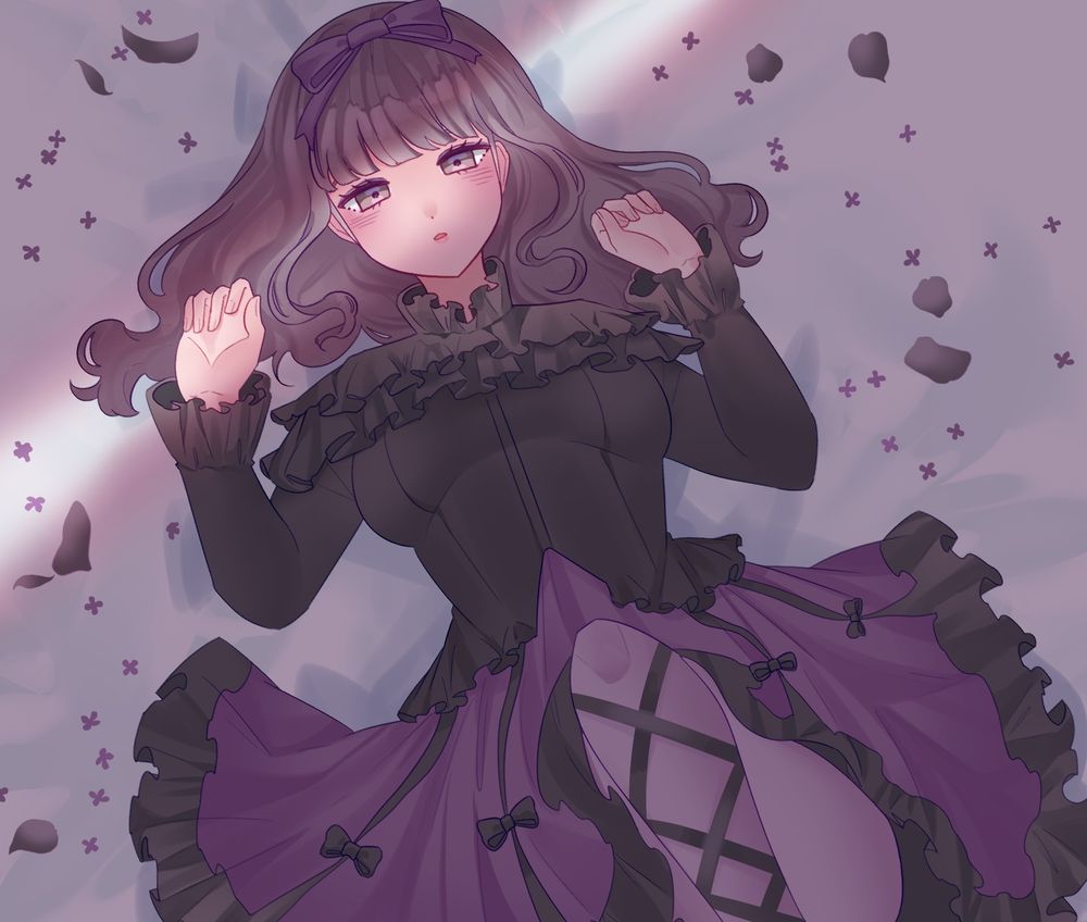 My OC, Miel, dressed up a purple and black gothic lolita dress. She is laying down on a bed with her arms at her side and one leg raised up. There is a crack of light going across her blank expression. Her eyes are blank as she’s been placed in a trance to avoid being nervous for the photoshoot. There are several purple flower petals surround her on the bed she is on.

Tag for the art gallery: #MilkouArt