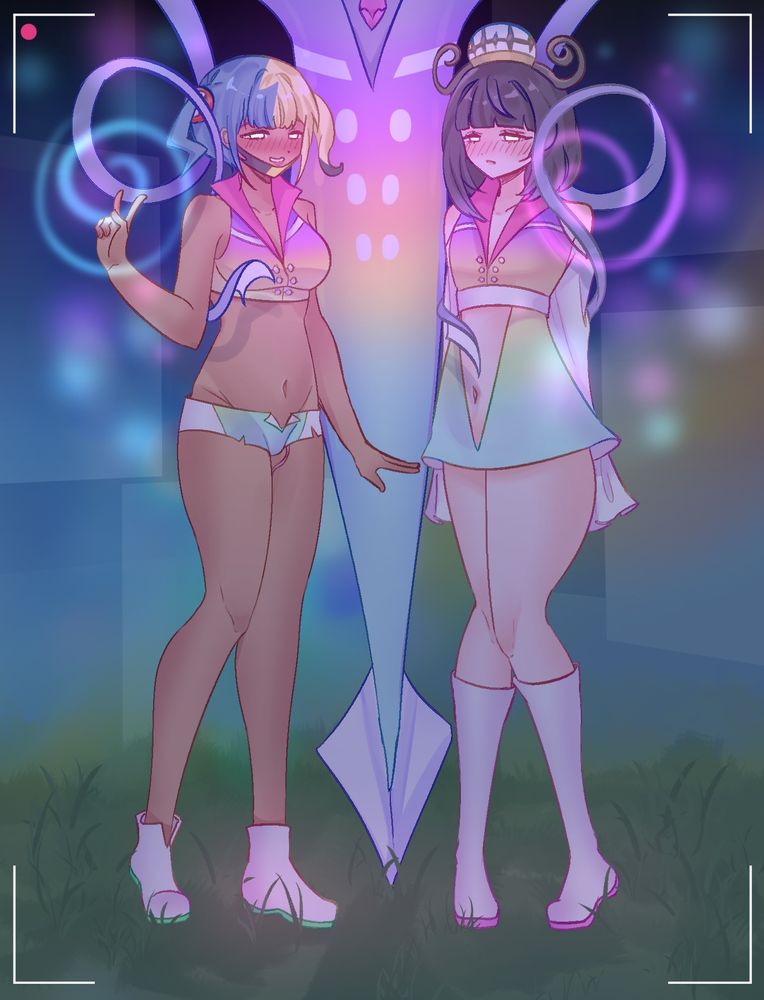 After hanging out a little too late, the sparkling lights of the city guided Gwynn and Canari (Pokemon Legends ZA) to a corner where they witnessed a Malamar suddenly seem to mega evolve all on its own. But it only seems to have bright flashing lights, so it can’t be that bad, can it?

After donning some new outfits, the two start recording a video with their new friend Malamar to let people know he’s not dangerous. Canari is wearing short shorts and high cut top with a prismatic color scheme of green, purple, orange and yellow similar to Malamar. There is a purple collar and white buttons on the top similar to Malamar. Gwynn is wearing short dress with a similar to design to Canari’s with a cut out showing her tummy. Malamar is in between the two with his tentacles wrapped around and them and swirling his tendrils in a spiral towards the camera.

The background is blurred night scene in Lumoise city. 

Tag for the art gallery: #MilkouArt