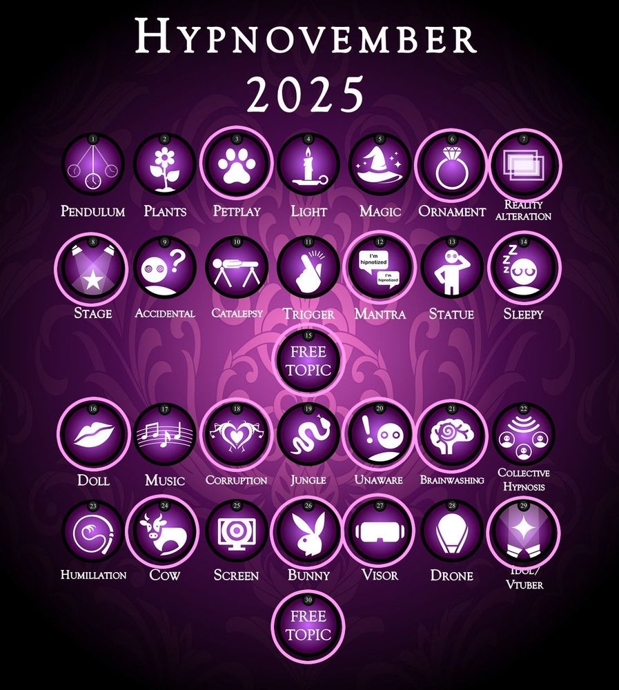 A hypnovember prompt list with petplay, ornament, reality alteration, stage, sleepy, free topic, doll, corruption, unware, brainwashing, cow, bunny, visor, idol/vtuber circled