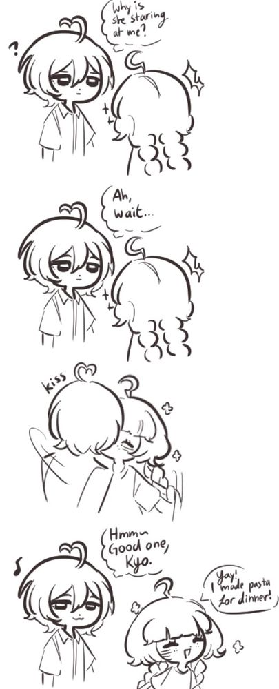 A little comic sketch read from top to bottom. 

In the first panel, Kyou ( a male with short hair and a bear ahoge dressed in a simple button up) is standing confused when Nanami (female with braids and a question mark ahoge) walks up to him expectantly. Kyou: “Why is she staring at me?”

Next panel: Kyou realizes why Nanami is there. Kyou: “Ah wait..”

Next panel: Kyou kisses Nanami who is very excited.

Next Panel: Kyou looks at the camera pleased at his hypnotic suggestion. Nanami happily goes back to dinner. 
Kyou: “Hmm~ Good one, Kyo.”
Nanami: “Yay! I made pasta for dinner.”