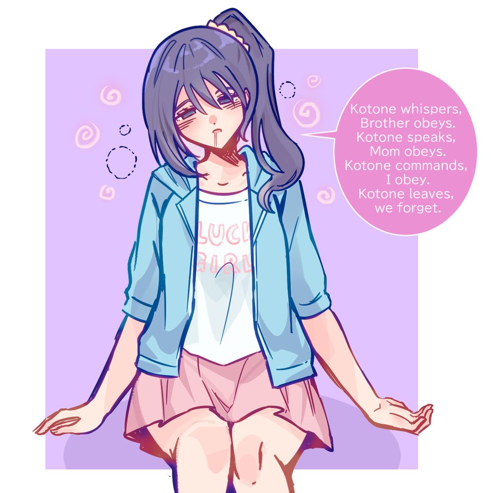 Yui (Atsumare! Fushigi Kenkyuubu) has been put in a trance like state. Her shoulder and arms are slumped as she is sitting up. Her eyes are blank with drool, coming out of her mouth. She is endlessly repeating a mantra to strengthen her conditioning. There are some spirals surrounding her.

Yui: “Kotone whispers, Brother obeys. Kotone speaks, Mom obeys. Kotone commands, I obey. Kotone leaves, we forget.”