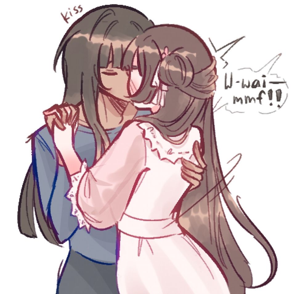 Marian, the male with dark skin and long black and straight bangs, suddenly kisses Nene surprising her. He holds her close to him gripping one of her hands as he pulls her in. 

Tag for the art gallery: #MilkouArt