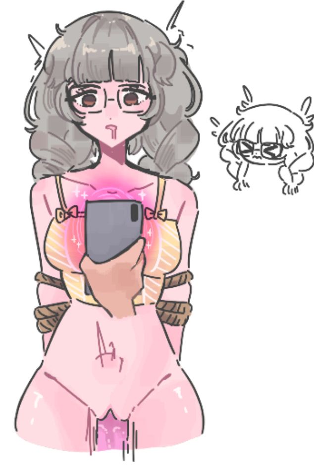 My original character Yomi in yellow lingerie with her arms tied together by rope looking at a phone screen emitting a mysterious pink glow. As she falls into a hypnotic trance, her eyes are blank and drool escapes from her mouth. Her body begins following an order to bounce up and down on a dildo. However, it seems her mind is still conscious while her body is taking orders from someone else. There’s a small doodle in the right of Yomi nervous about her current situation. 

Tag for the art gallery: #MilkouArt 