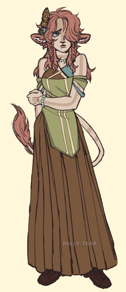 Pink haired Firbolg with long skirt. Decorations on her hair and in a akward or shy pose