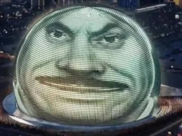 Image of the face of Mister House, from the Fallout franchise, displayed on the Las Vegas Sphere.