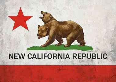 The flag of the New California Republic is directly inspired by the state flag of California, which depicts a California grizzly bear on a patch of grass, only the NCR flag's bear is two-headed, and the word "New" was added to the original caption.