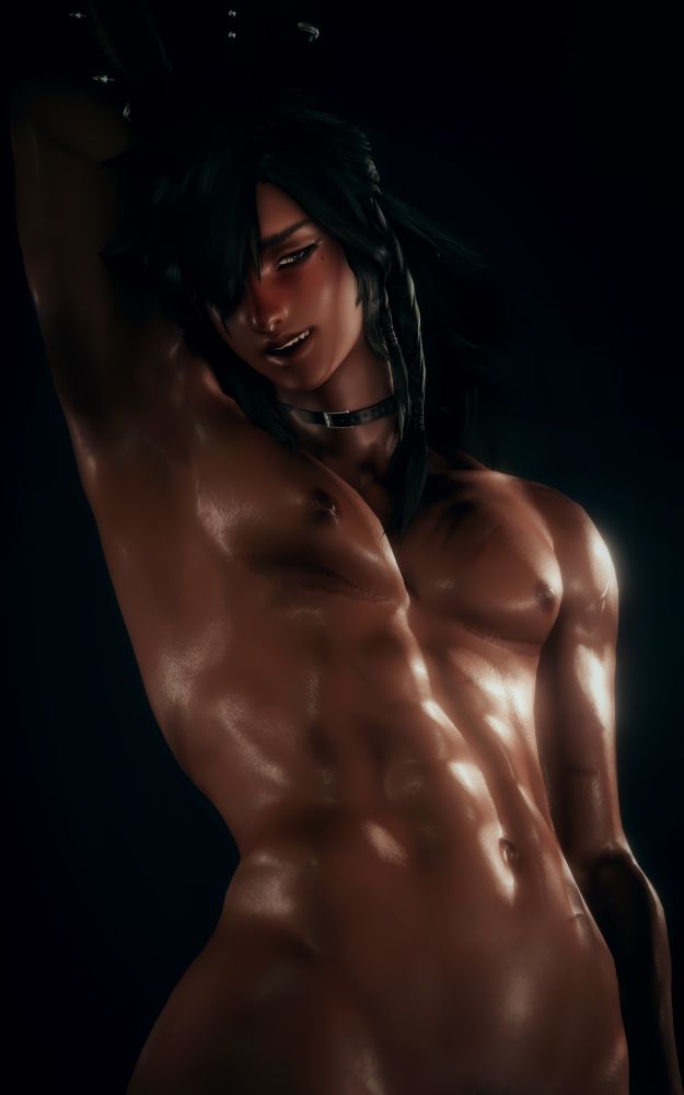 Naresh, a male rava viera, posed seductively in a dark area, the muscles of his bare torso partially illuminated. He has a shy smiling expression, with red cheeks.