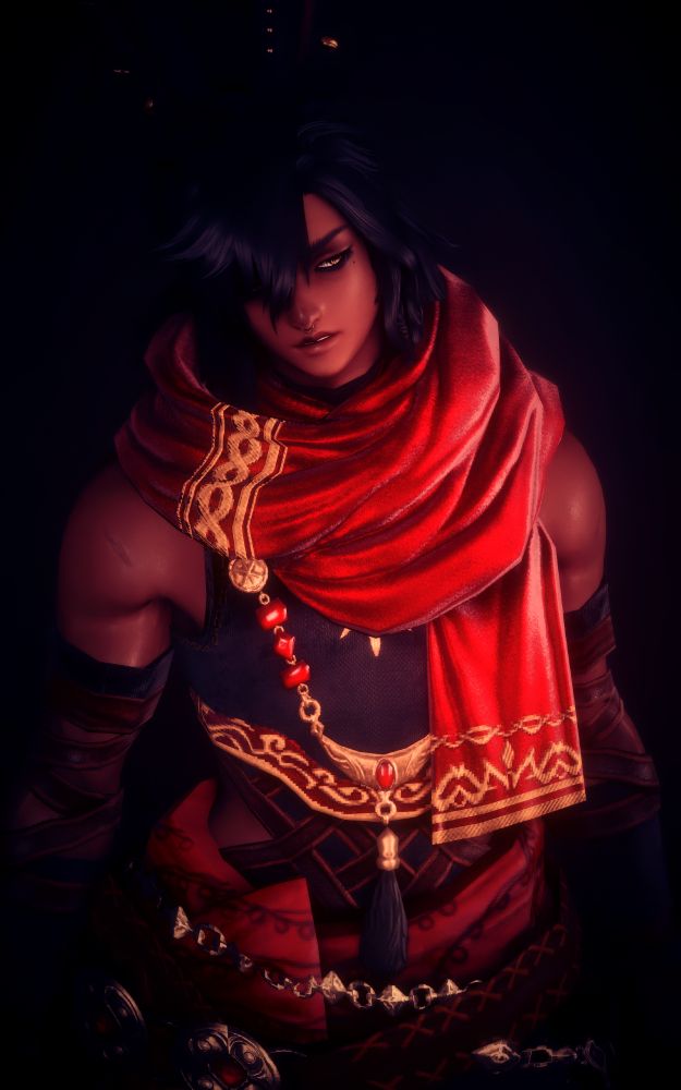 Naresh, a male rava viera with brown skin, black hair, and gold eyes, wearing a red and black outfit with gold accents, standing in front of a black background.