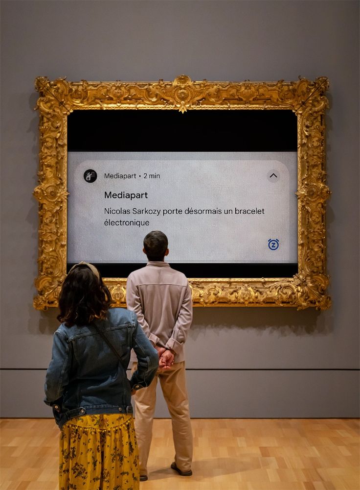 Des gens de dos dans un musée regardent un tableau dans lequel apparaît la notification Mediapart "Nicolas Sarkozy porte désormais un bracelet électronique"