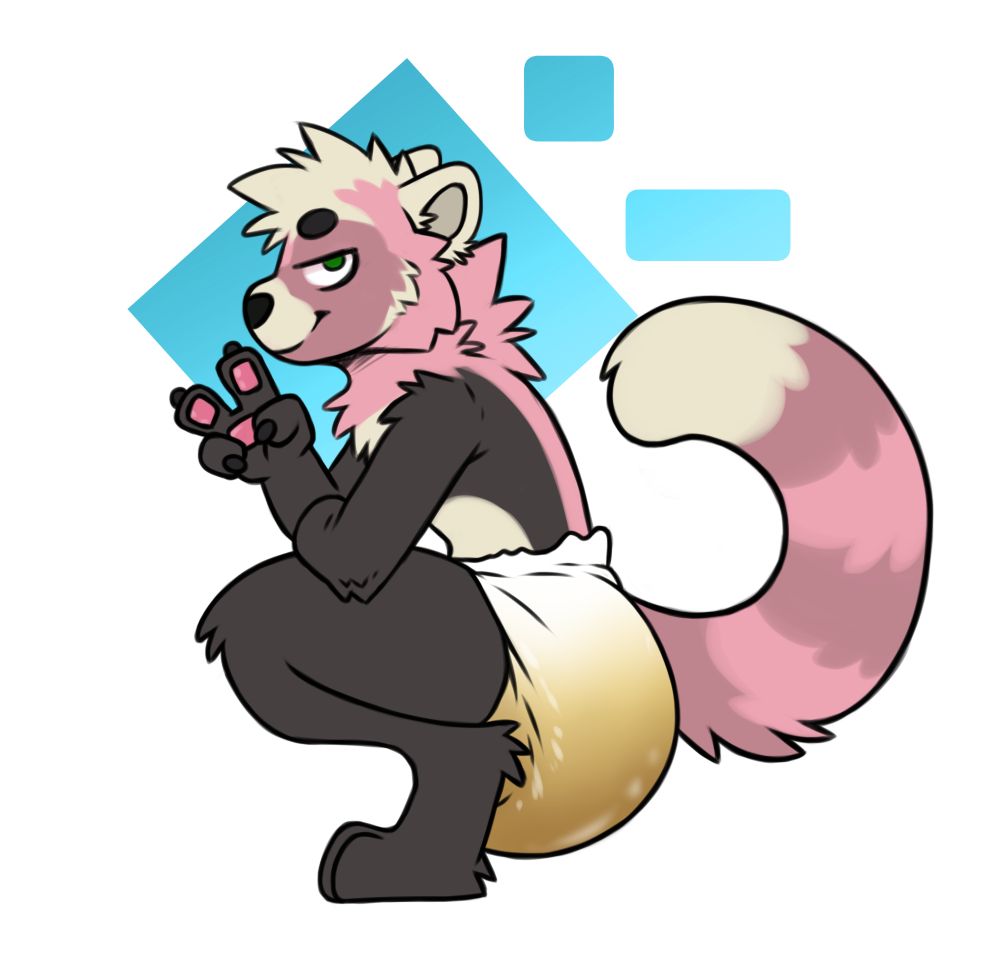 A red panda tinted pink and a smug face mid-squat while wearing a full diaper