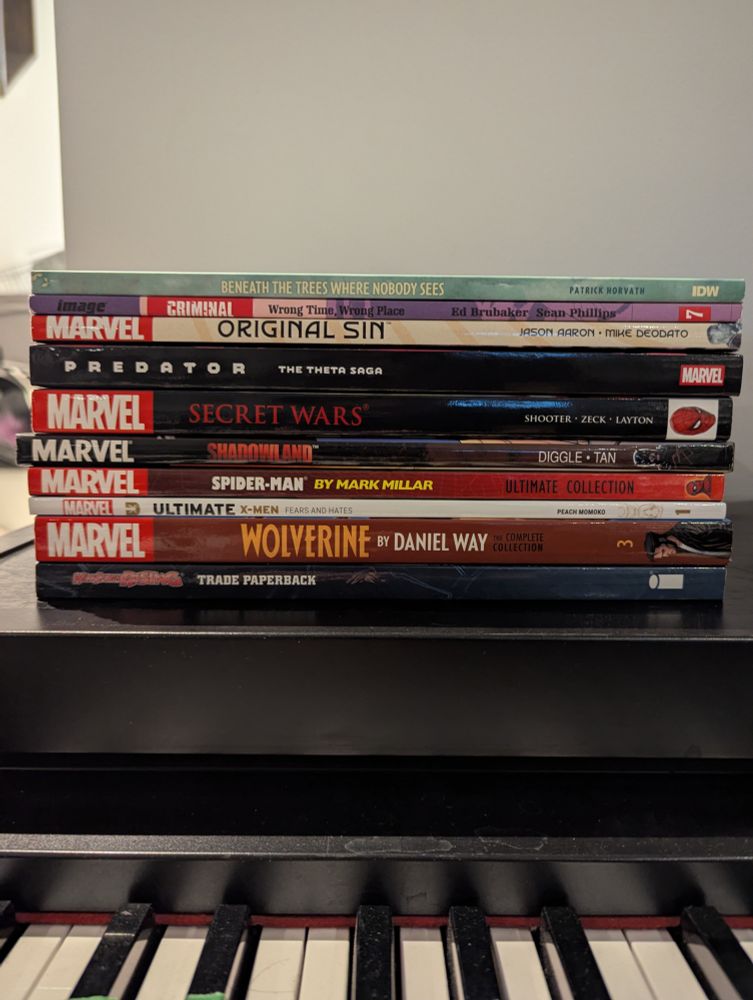 Graphic novels I bought in October:

BENEATH THE TREES WHERE NOBODY SEES by Patrick Horvath
CRIMINAL: WRONG TIME, WRONG PLACE by Ed Brubaker & Sean Phillips
ORIGINAL SIN by Jason Aaron & Mike Deodato
PREDATOR: THE THETA SAGA by Ed Brisson, Netho Diaz, Francesco Manna, Eder Messias & Kev Walker
SECRET WARS by Jim Shooter, Mike Zeck & Bob Layton
SHADOWLAND by Andy Diggle & Billy Tan
SPIDER-MAN by Mark Millar, Terry Dodson & Frank Cho
ULTIMATE X-MEN v1: FEARS AND HATES by Peach Momoko & Zack Davisson
WOLVERINE BY DANIEL WAY v3 illustrated Mike Deodator Jr., Steve Dillon, Scot Eaton, Tommy Lee Edwards, Yanick Paquette & Stephen Segovia
WILDSTORM RISING by Chuck Dixon, Steven T. Seagle, Ron Marz, James Robinson, Brandon Choi, Barry Windsor-Smith, Chris Warner, Travis Charest, Ryan Benjamin, J. Scott Campbell, Trevor Scott, While Portacio, Brett Booth, Renato Arlem & Kevin Maguire