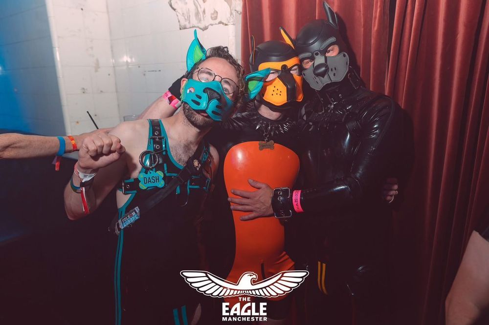 Group photo of Dash in blue rubber, GimpSimp in orange rubber and Nathan in black rubber