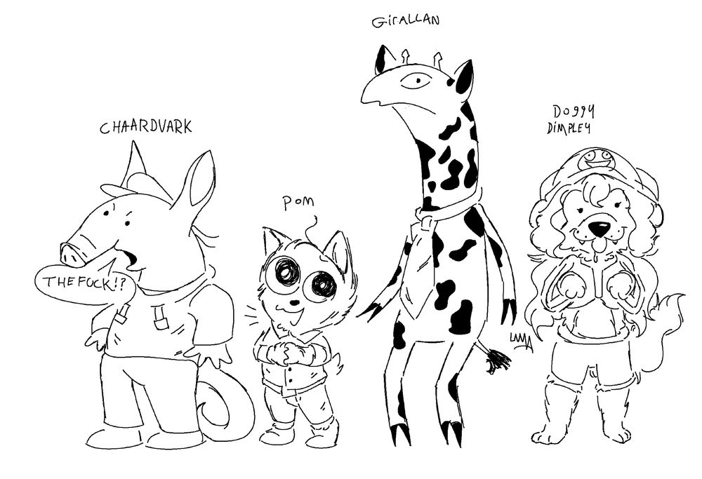 in order from left to right, characters from smiling friends, Charlie, Pim, Allan & Dolly Dimpley but as animals. : |
