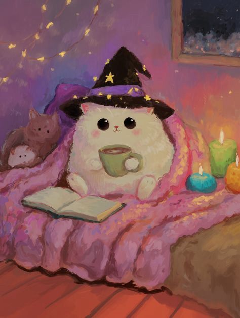 Drawing of a white cat wearing a black witches hat with a purple band and gold stars. The cat is sitting on a couch with a soft purple throw. They are holding a green cup of some tasty beverage and reading a book. To their left are three colorful candles, in blue, green and orange. There are two, smaller cats snuggling together on the couch to their right. One is brown and one is white.  The scene is cosy and cheerful. 