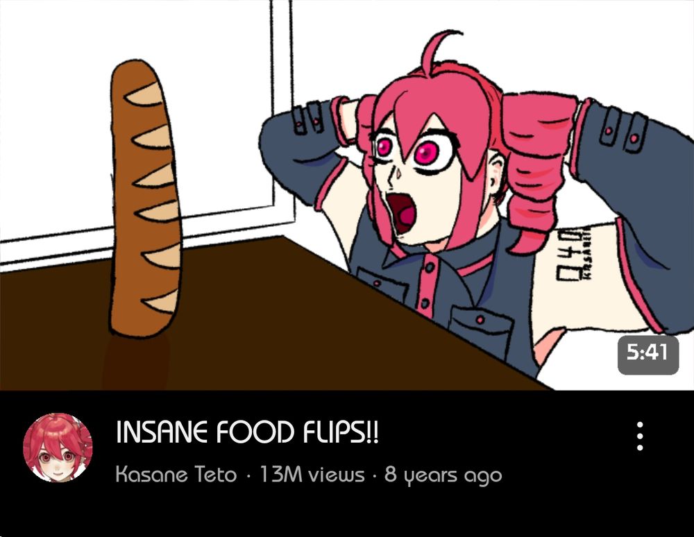 Fake Youtube thumbnail of Kasane Teto looking surprised at a baguette standing vertically on a table.