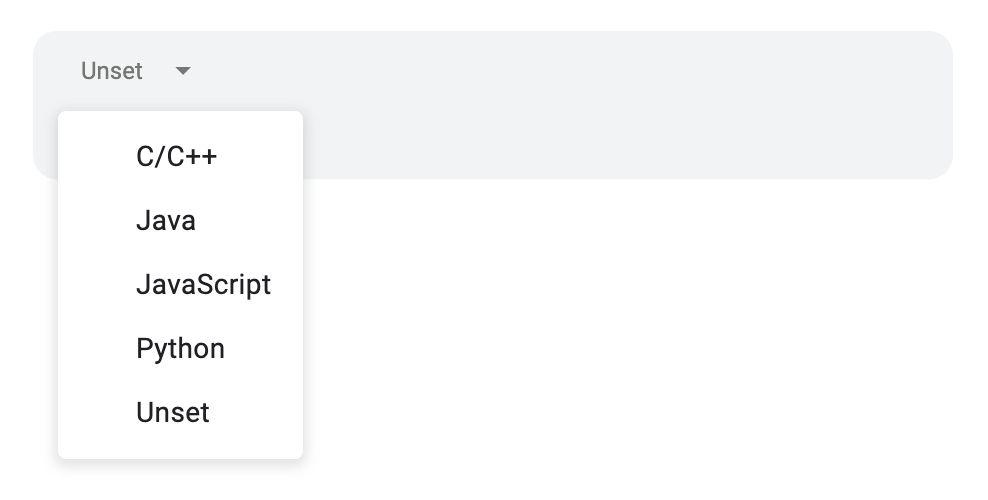 Google Doc's visual treatment of a Markdown code fence. There is a dropdown to select a coding language for syntax highlighting, and the options read "C/C++", "Java", "JavaScript", "Python", and "Unset". Cropped screenshot.