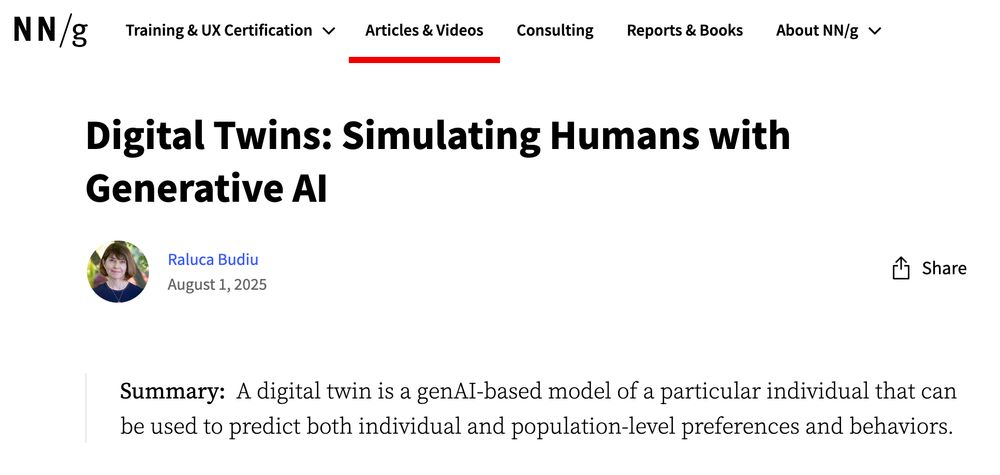 Digital Twins: Simulating Humans with Generative AI. Title of an article on Nielsen Norman Group's website by Raluca Budiu, posted on August 1, 2025. The article summary reads, "A digital twin is a genAI-based model of a particular individual that can be used to predict both individual and population-level preferences and behaviors." Cropped screenshot.