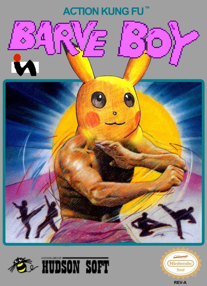 capa do jogo homebrew Barve Boy, no qual um lutador de kung-fu com cabeça de Pikachu sai distribuindo porrada no atacado e no varejo