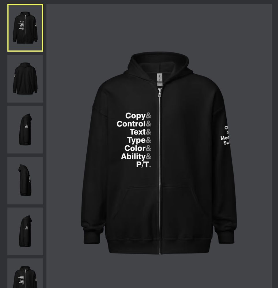 A hoodie featuring the words "Copy & Control & Text & Type & Color & Ability & P/T"