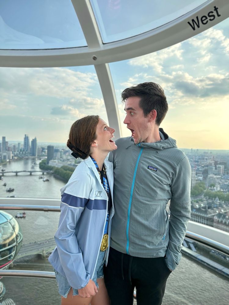 Riding the London Eye with my fiance, wearing my finisher’s medal and the London Marathon official jacket. 