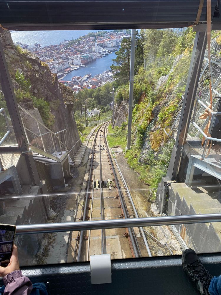 Fløibanen Funicular railway from the top station. 