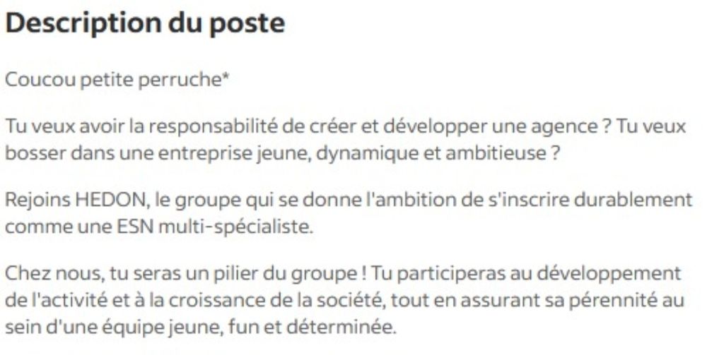 Texte d'une offre d'emploi qui commence par "Coucou petite perruche !"