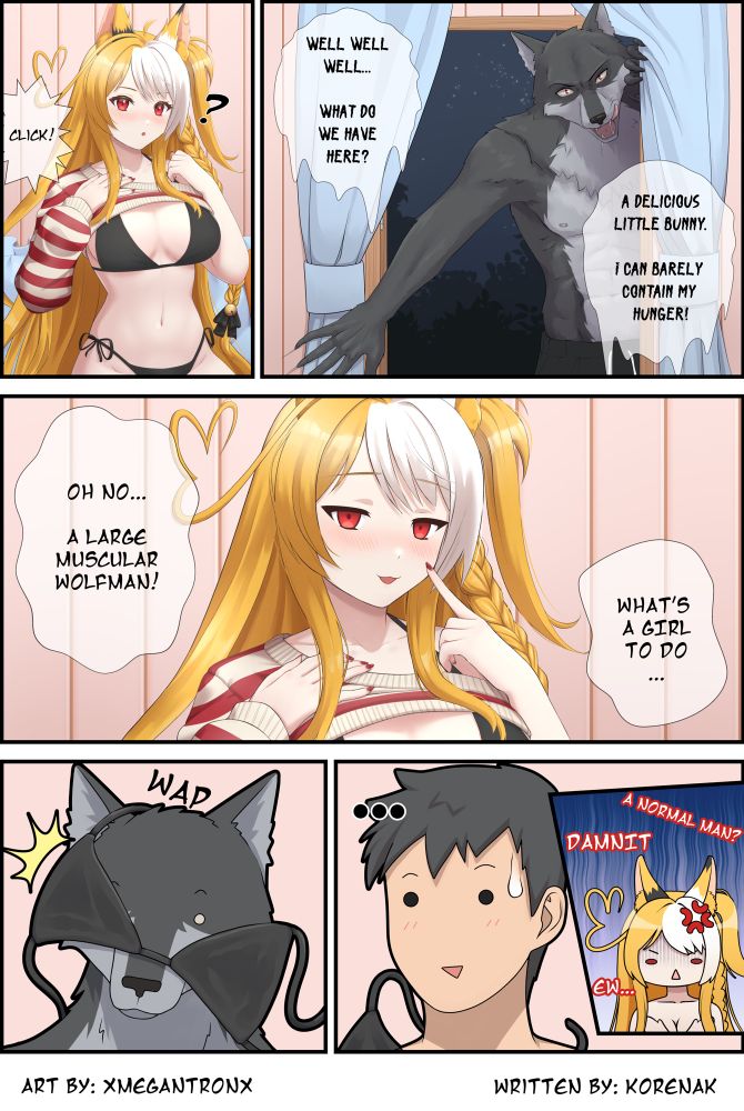 A comic page featuring vtuber Meonji Myeon and a werewolf. The page is playing on a myth that if a werewolf touches clothes again, they’ll turn back into a human. I realize that the panel revealing the werewolf he has shorts on, but it’s just there for censorship lol