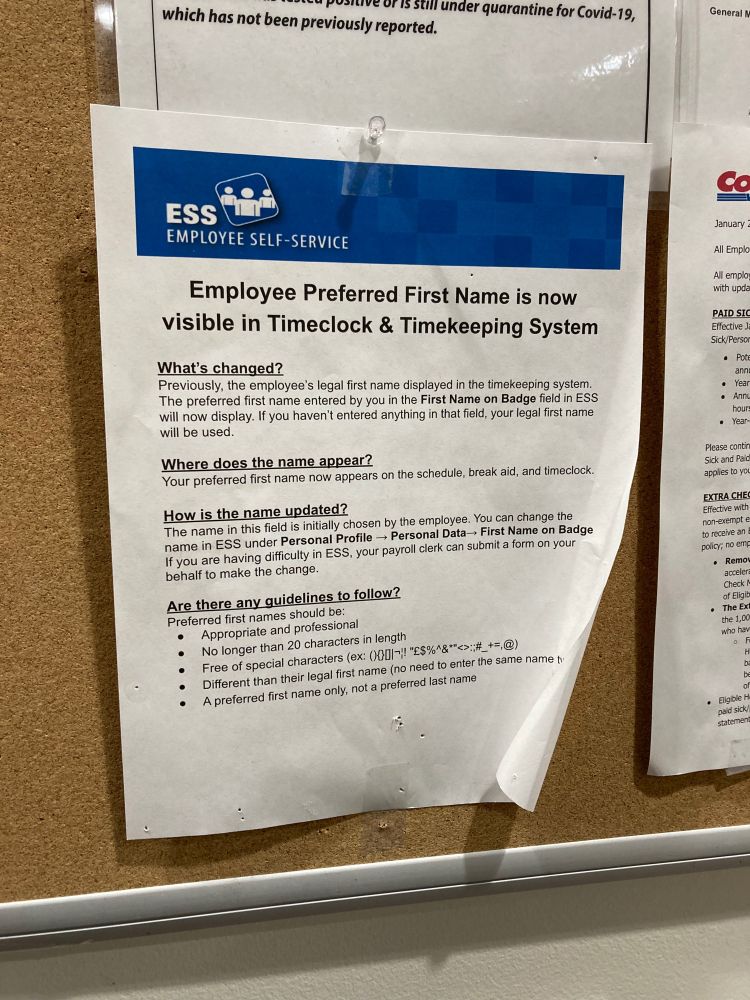 A memo to Costco employees titled "Employee Preferred First Name is now visible in Timeclock & Timekeeping System"