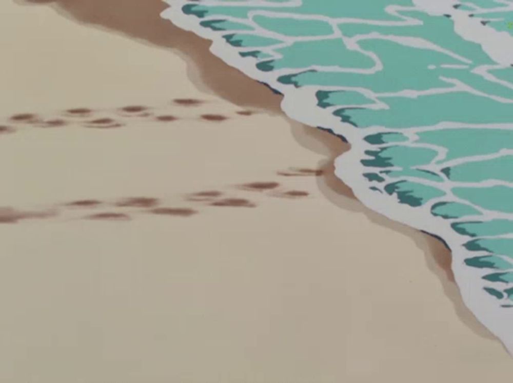 a painting of a beach with footprints in the sand and waves