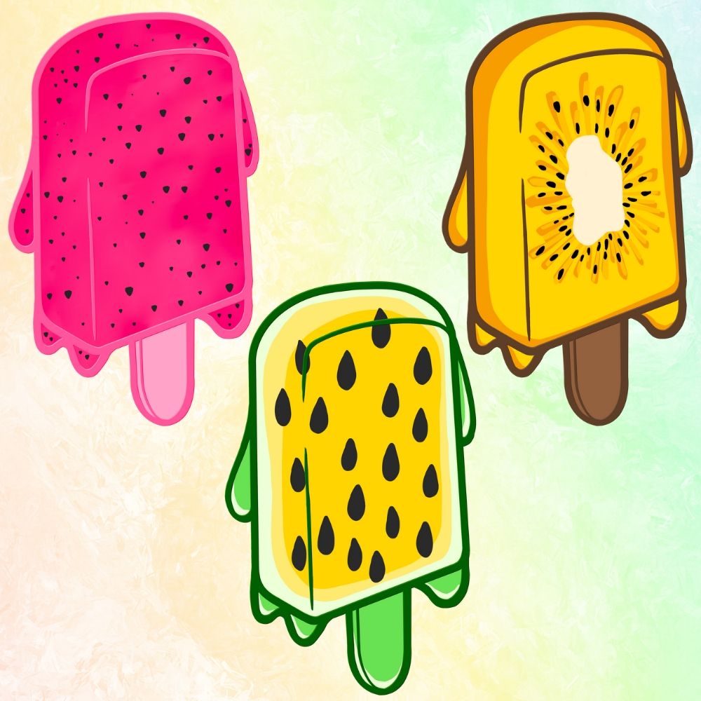 Alternate colors of fruit popsicles - pink dragonfruit, golden watermelon and golden kiwi