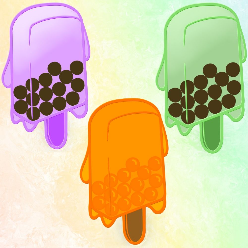 Boba tea inspired popsicles - taro, a purple tea with brown tapioca pearls, mango passionfruit, and orange tea with passion fruit popping boba, and matcha, a green tea with brown tapioca pearls
