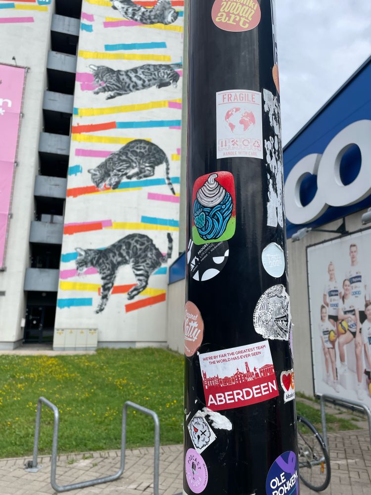 Sticker art on a lamppost in Tartu, Estonia, with a large mural of cats in the background. 