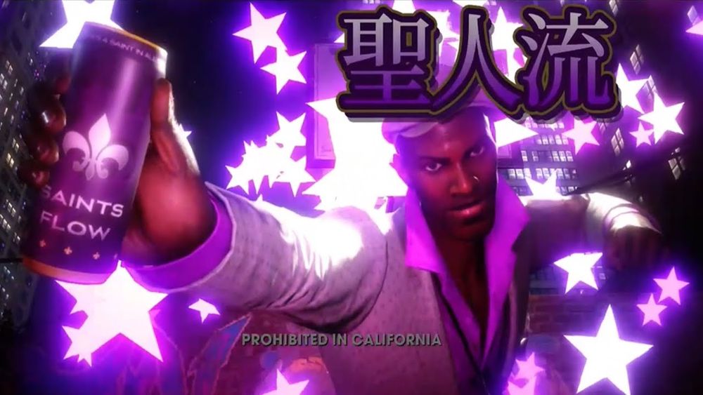 pierce from saints row holding a can of saints flow